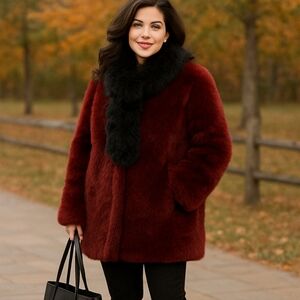 Mob Wife Regal Faux Fur Coat Berry Wine  Color Pockets Elegant Plus Size 3x